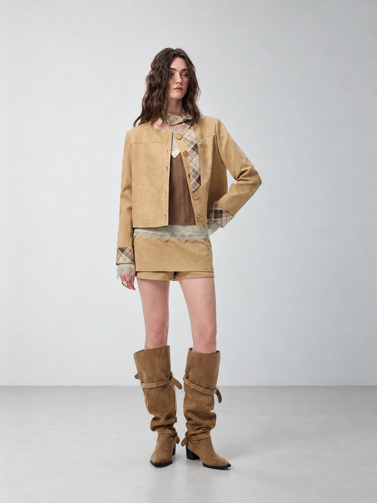 SHROENRO Vintage Plaid Cropped Jacket — natural studio lead image