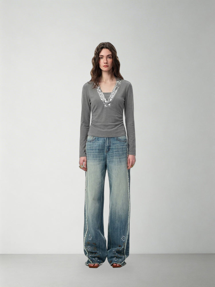 SHROENRO Sequin-Panel Halter Layered T-Shirt — natural studio lead image