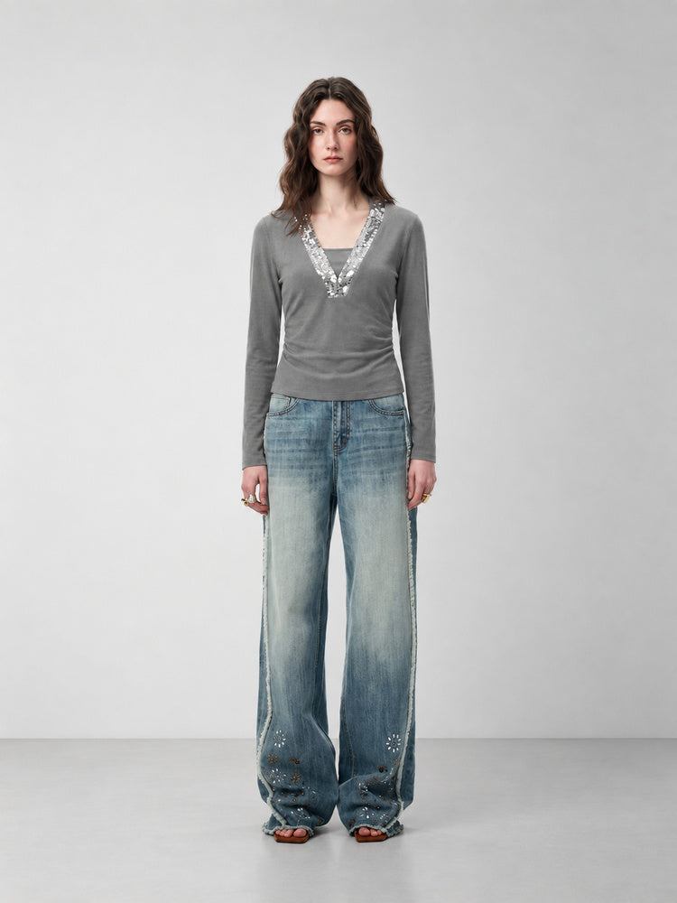 SHROENRO Sequin-Panel Halter Layered T-Shirt — natural studio lead image