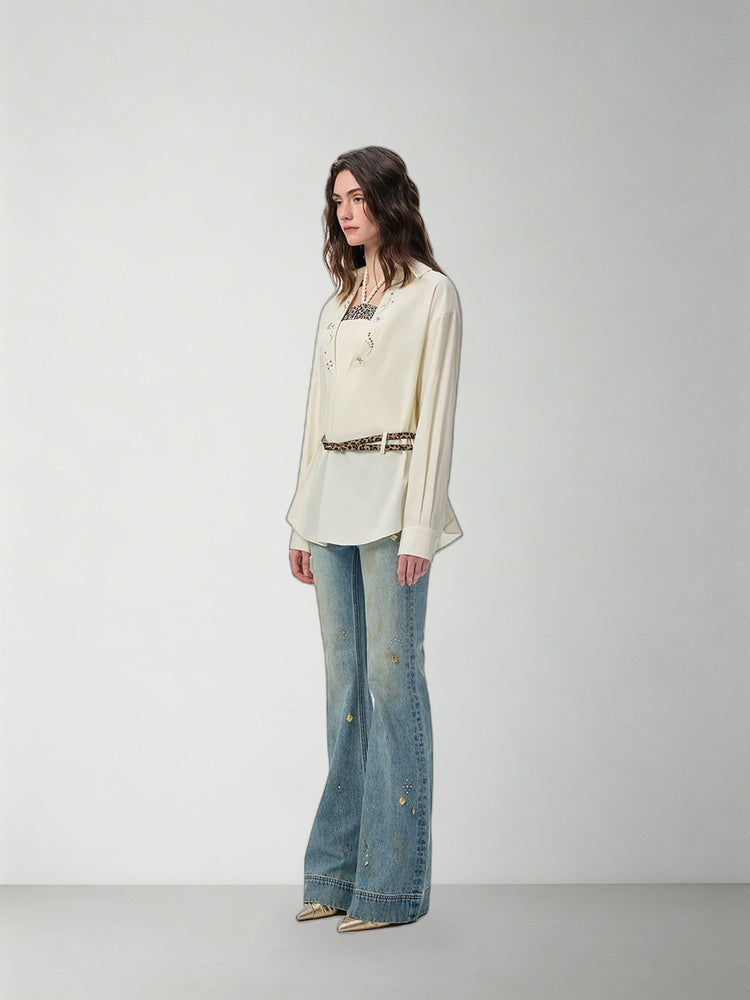 SHROENRO Rhinestone Leopard Layered Long Shirt — natural studio lead image