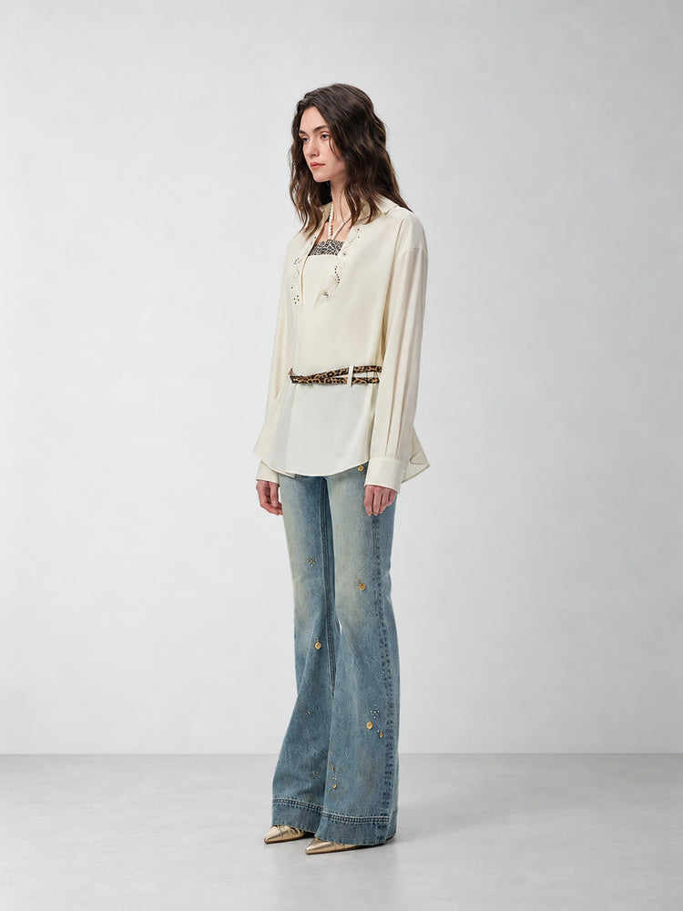 SHROENRO Rhinestone Leopard Layered Long Shirt — natural studio lead image