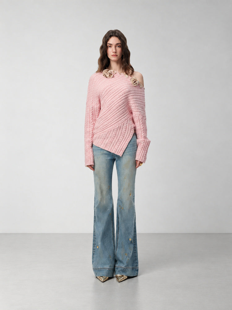 SHROENRO 3D Floral Asymmetric Off-Shoulder Knit Top — natural studio lead image