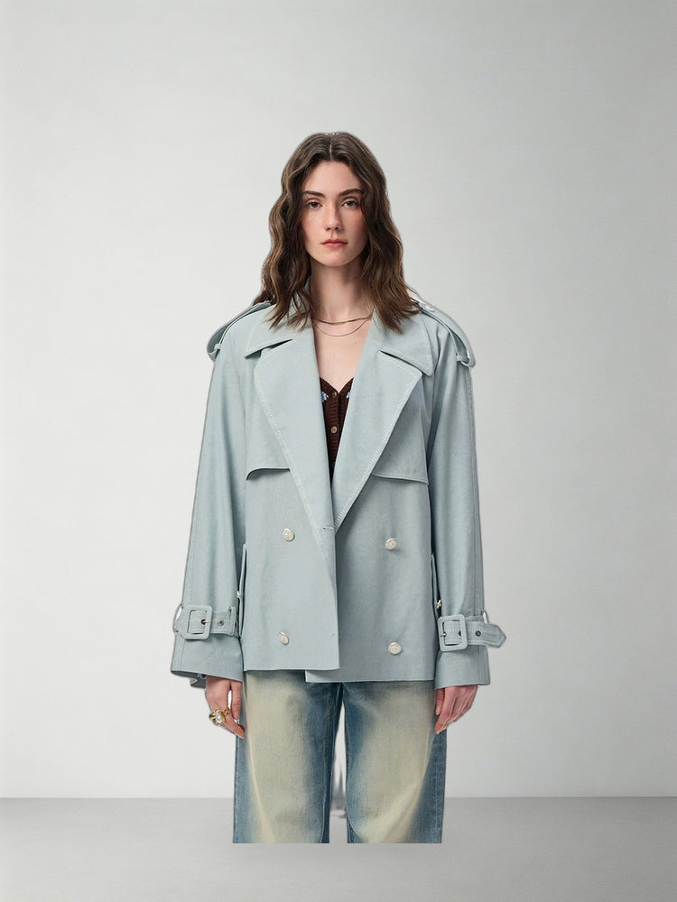 SHROENRO Embroidered Denim-Look Cropped Trench — natural studio lead image