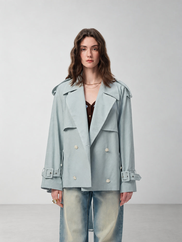 SHROENRO Embroidered Denim-Look Cropped Trench — natural studio lead image
