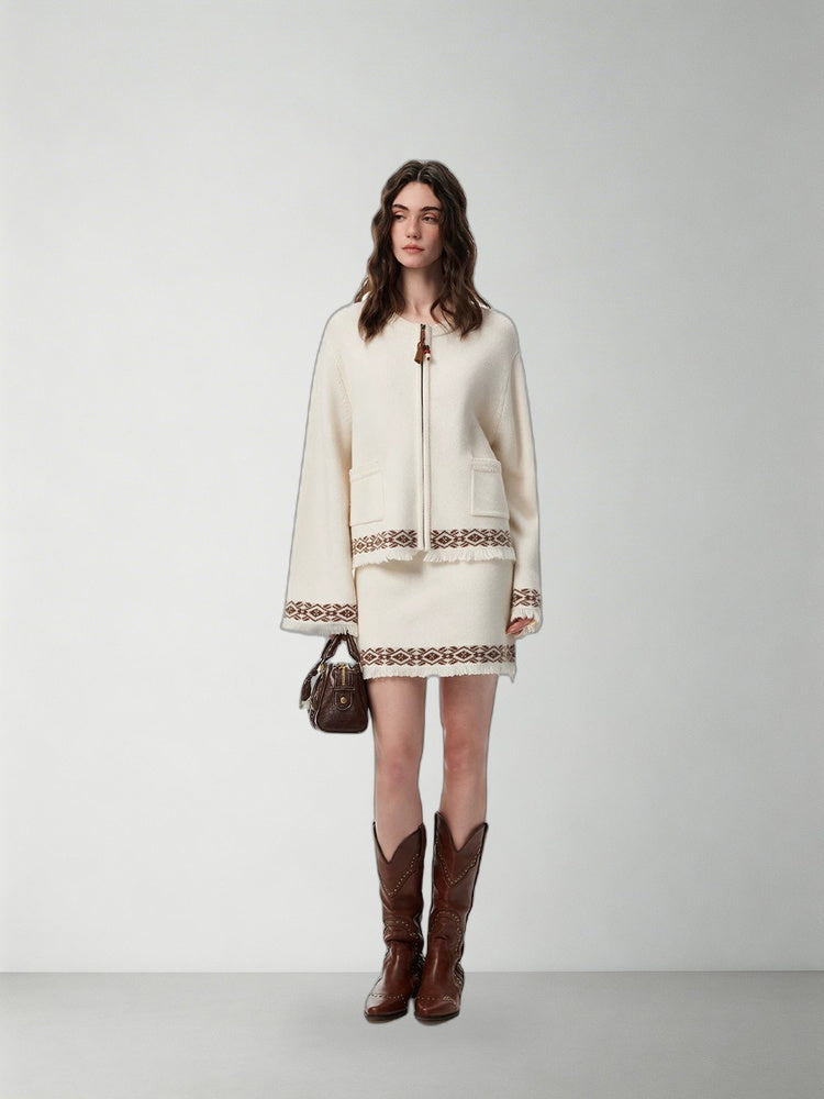 SHROENRO Jacquard Fringe Knit Cardigan — natural studio lead image