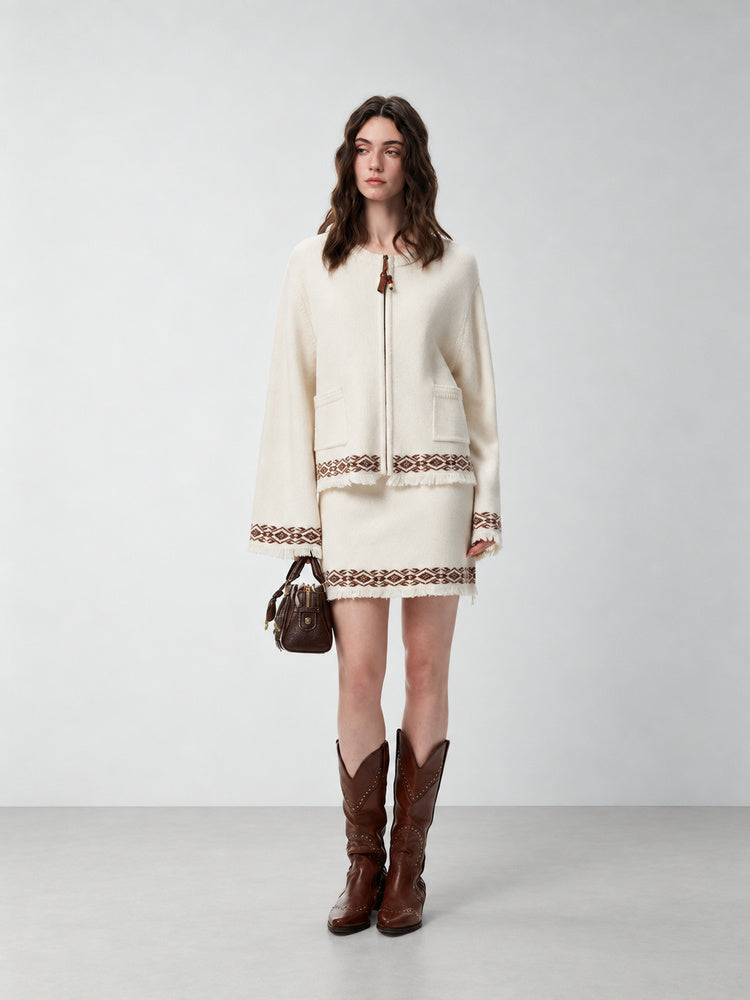 SHROENRO Jacquard Fringe Knit Cardigan — natural studio lead image