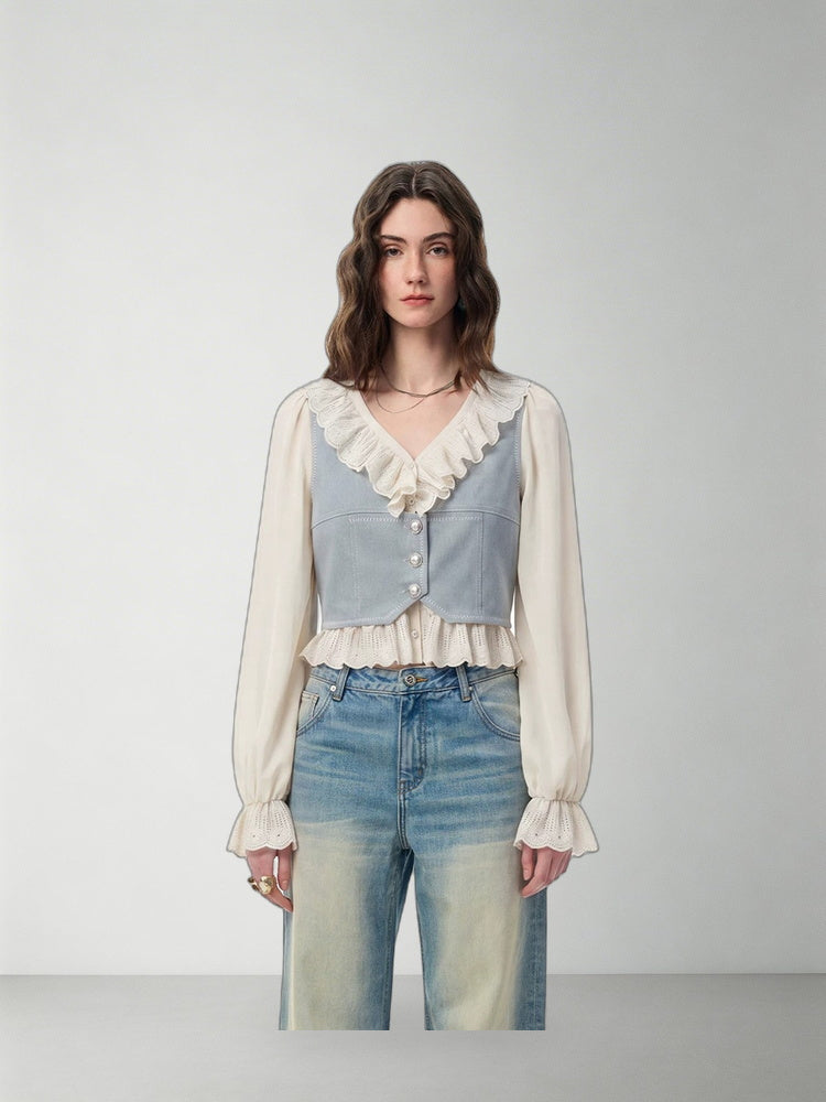 SHROENRO Embroidered Denim-Look Vest and Shirt Set — natural studio lead image
