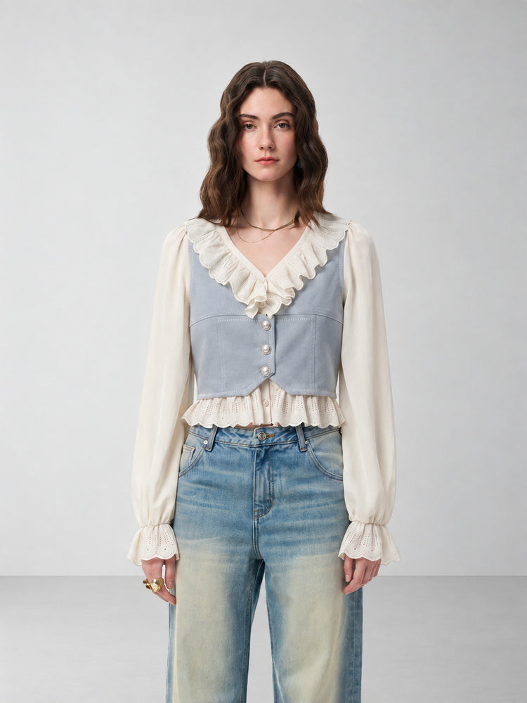SHROENRO Embroidered Denim-Look Vest and Shirt Set — natural studio lead image