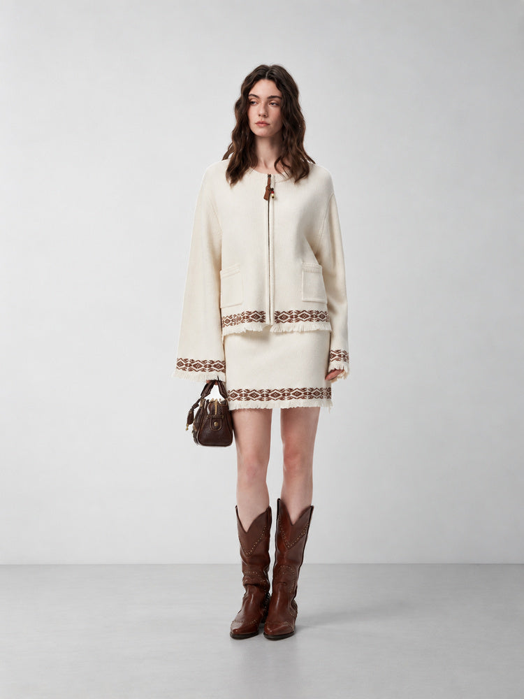 SHROENRO Jacquard Fringe Knit Mini Skirt — natural studio lead image