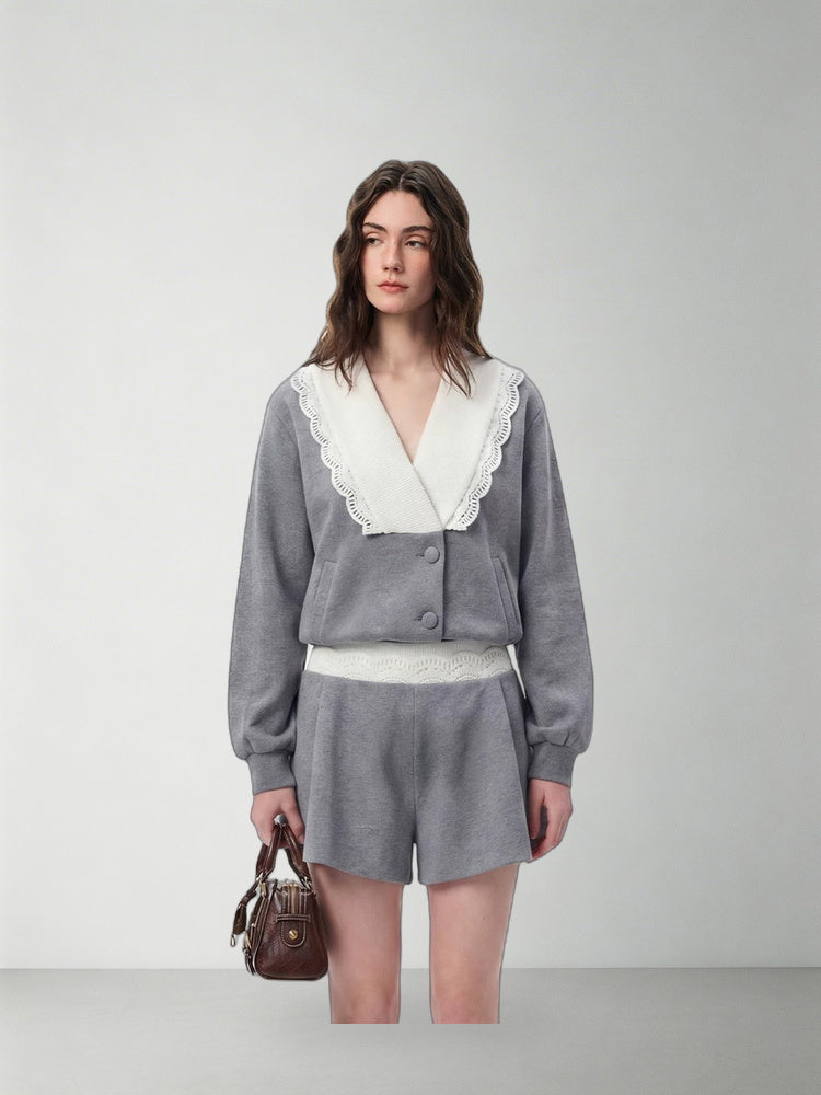 SHROENRO Lace-Trim V-Neck Cropped Sweatshirt — natural studio lead image