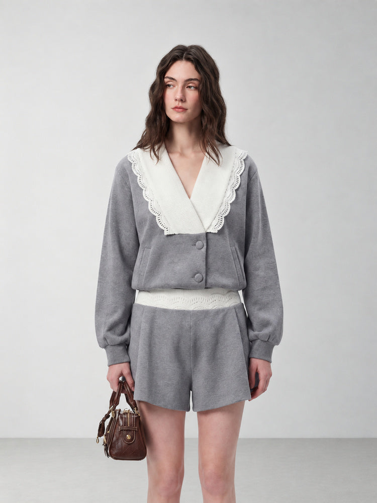 SHROENRO Lace-Trim V-Neck Cropped Sweatshirt — natural studio lead image