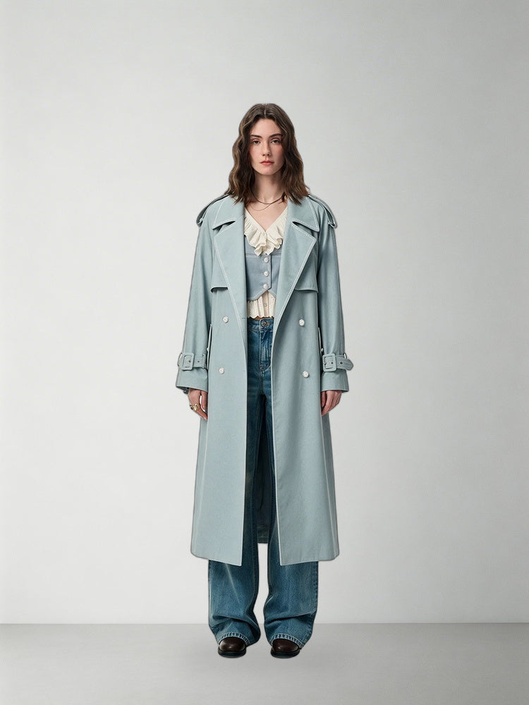 SHROENRO Embroidered Denim-Look Double-Breasted Trench Coat — natural studio lead image