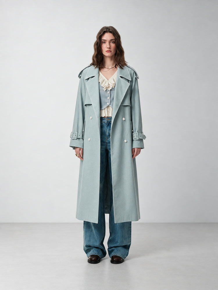 SHROENRO Embroidered Denim-Look Double-Breasted Trench Coat — natural studio lead image