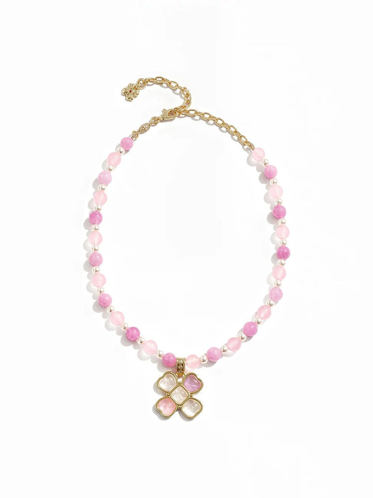 TOKOKKINO Pink Beaded Flower Pendant Necklace