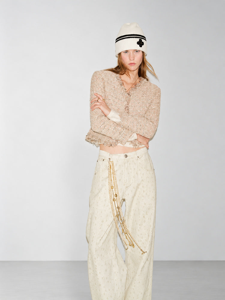 TOKOKKINO Cream Letter Textured Knit Jacket