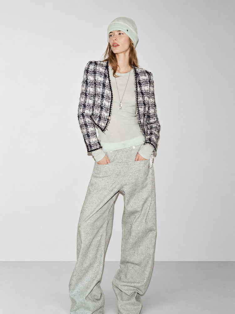 TOKOKKINO Blue Daydream Checked Cropped Jacket