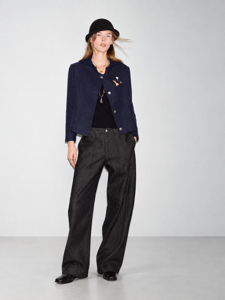 TOKOKKINO Navy Collarless Cropped Jacket