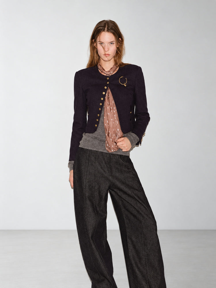 TOKOKKINO Contrasting Medal Gold-Button Cropped Jacket