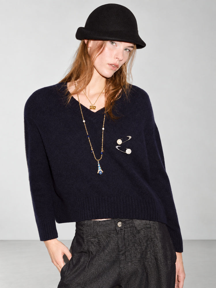 TOKOKKINO Navy V-Neck Knit Top