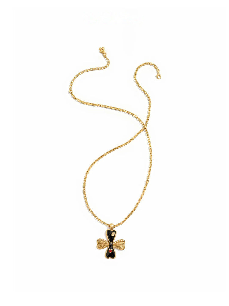 TOKOKKINO Black Swan Enamel Bow Floral Necklace