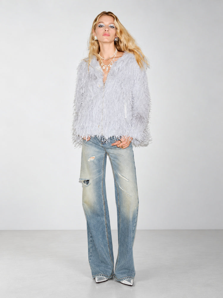 TOKOKKINO Gray Shaggy Zip Cardigan