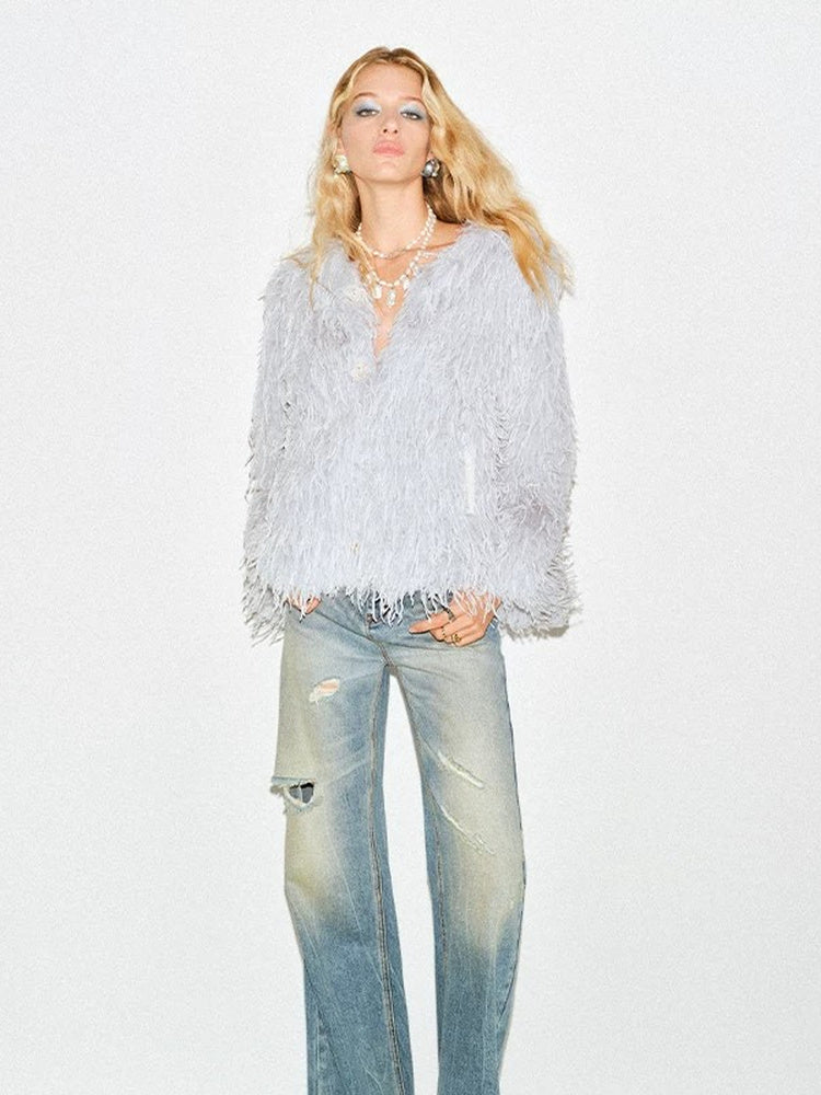 TOKOKKINO Gray Shaggy Zip Cardigan