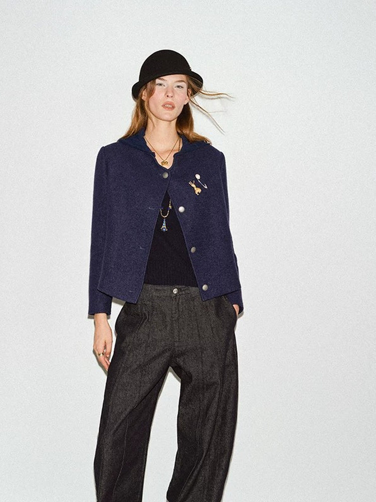 TOKOKKINO Navy Collarless Cropped Jacket