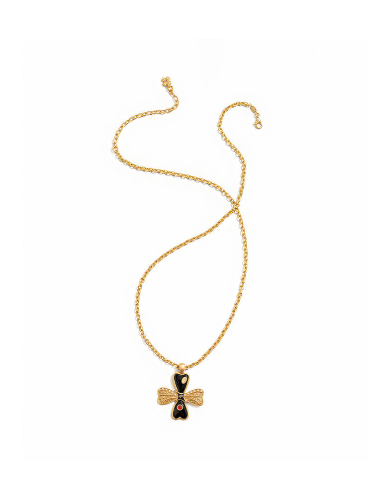 TOKOKKINO Black Swan Enamel Bow Floral Necklace