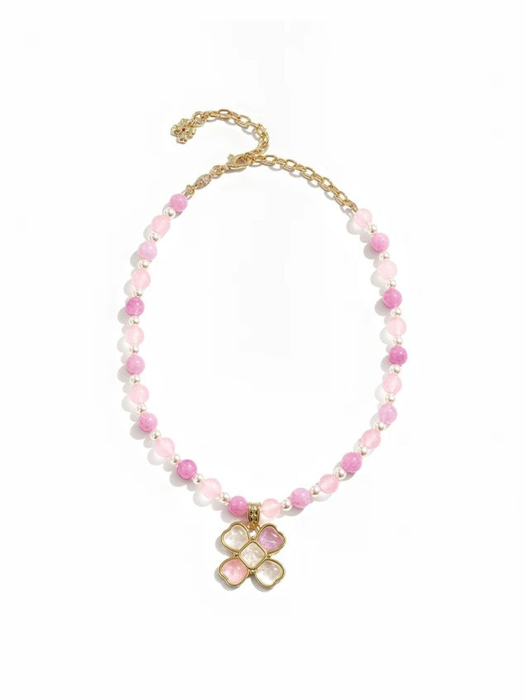 TOKOKKINO Pink Beaded Flower Pendant Necklace