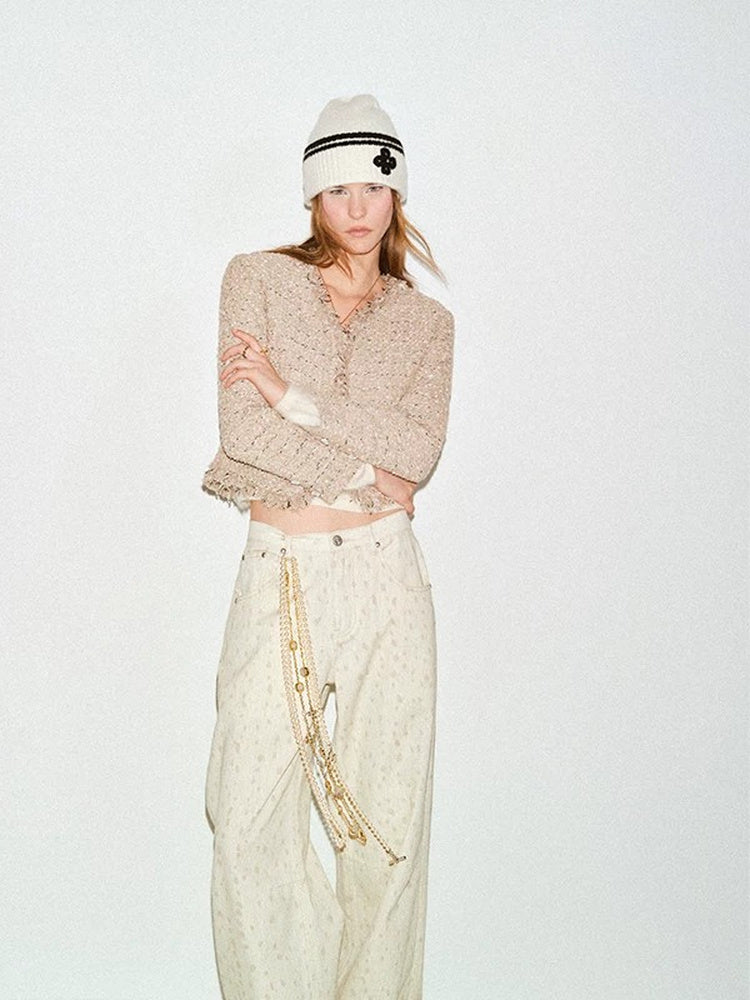 TOKOKKINO Cream Letter Textured Knit Jacket