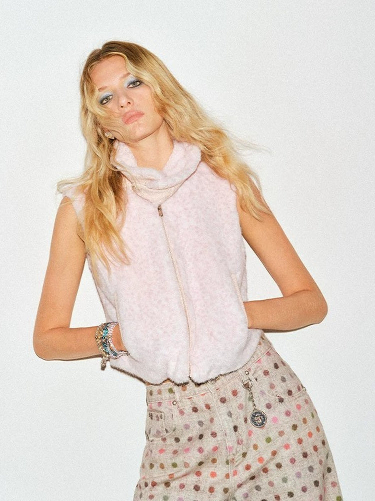 TOKOKKINO Pale Pink Faux-Fur Zip Vest