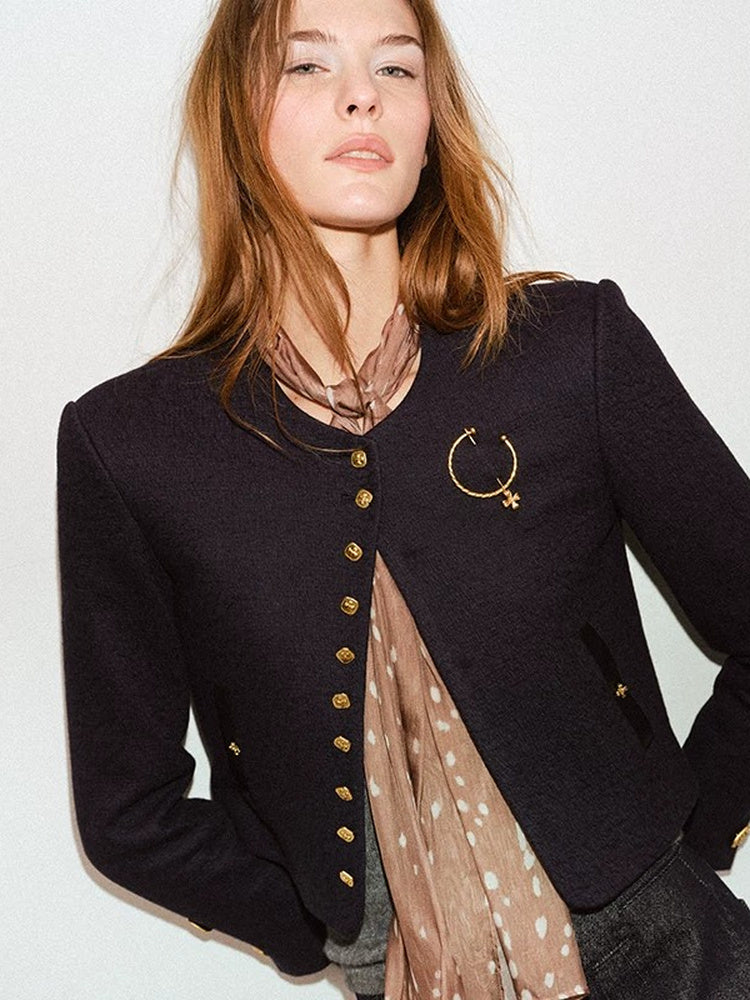 TOKOKKINO Contrasting Medal Gold-Button Cropped Jacket