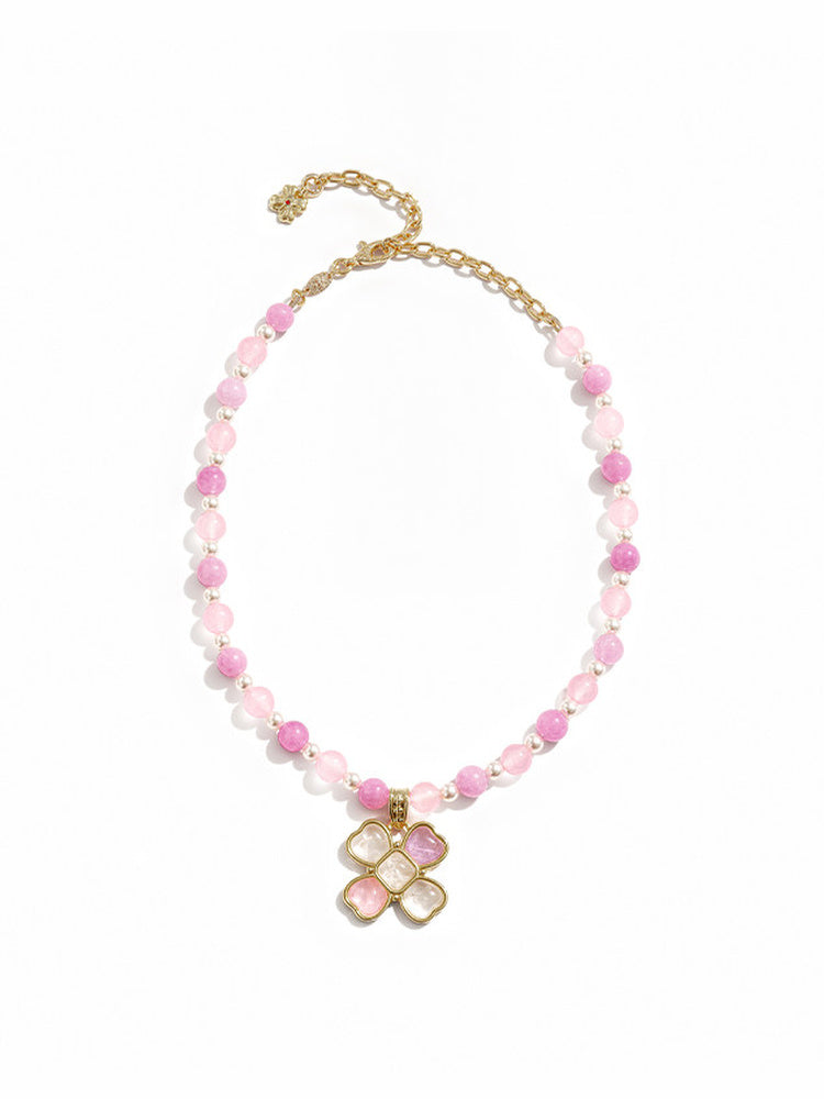 TOKOKKINO Pink Beaded Flower Pendant Necklace