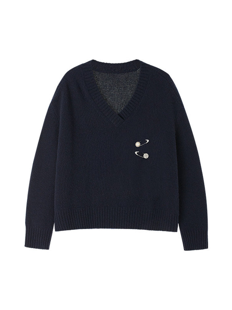 TOKOKKINO Navy V-Neck Knit Top