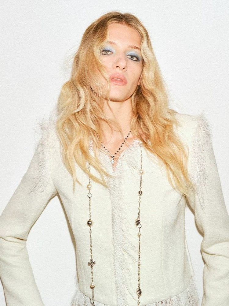 TOKOKKINO Ivory Fringe Knit Cardigan
