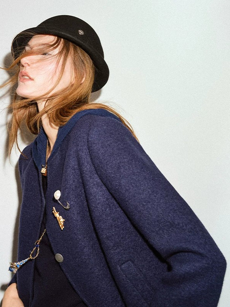 TOKOKKINO Navy Collarless Cropped Jacket