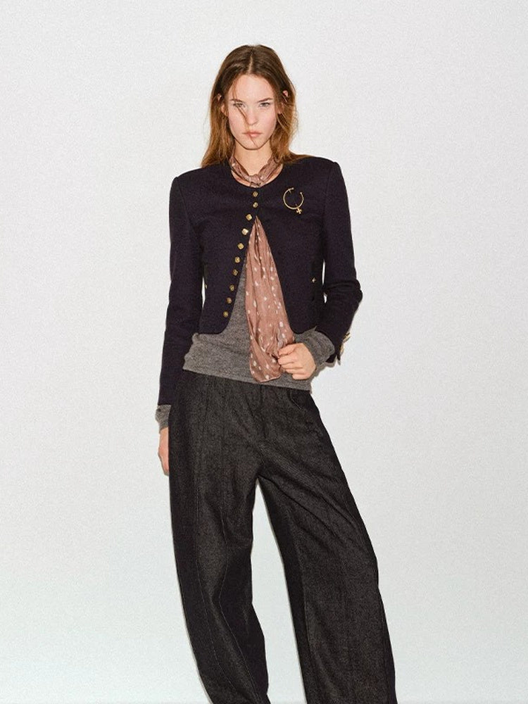 TOKOKKINO Contrasting Medal Gold-Button Cropped Jacket