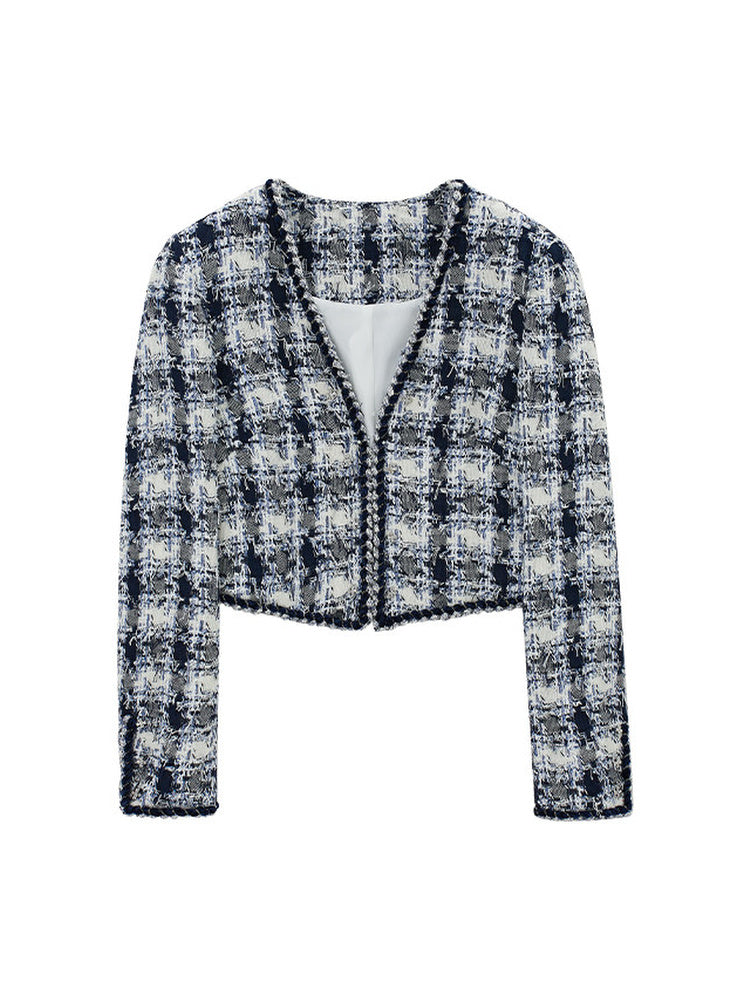 TOKOKKINO Blue Daydream Checked Cropped Jacket