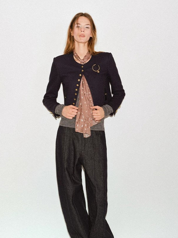 TOKOKKINO Contrasting Medal Gold-Button Cropped Jacket