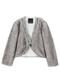 TOKOKKINO Snow Leopard Cropped Faux-Fur Cardigan
