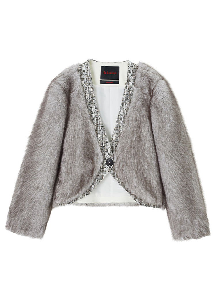 TOKOKKINO Snow Leopard Cropped Faux-Fur Cardigan