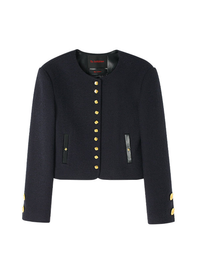 TOKOKKINO Contrasting Medal Gold-Button Cropped Jacket