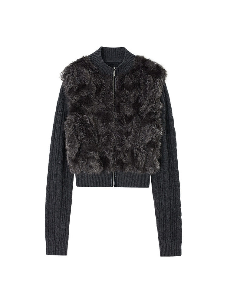 TOKOKKINO Cloud Edge Faux-Fur Panel Zip Knit Jacket